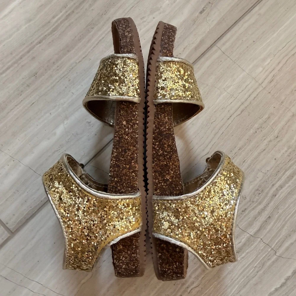 J.Crew Crewcuts Glitter Cork Sandals Gold Glam Vacation Going Out AV747 K10 EUC